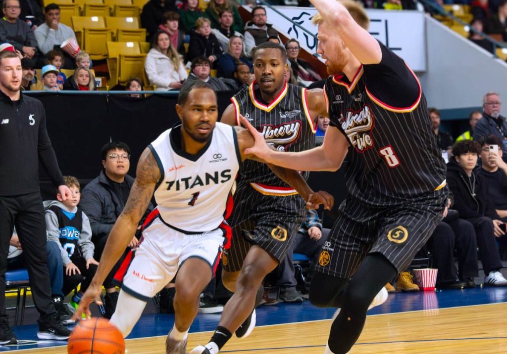 KW Titans Jaylon Tate defends the ball against the Sudbury five on the jnuary 17th game at The Aud (Photo Credit: Shannon Fenech)