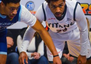 Nathan Charles of the KW Titans defends against a Montreal Toundra player during the January 4 home game.