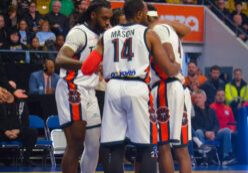 The KW Titans huddle up at the january 4th game versus the Montreal Toundras at the Kitchener Memorial Auditorium (Photo Credit: James Jordan)